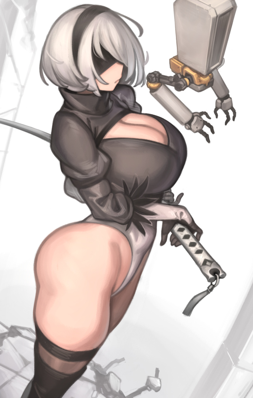 1girl absurdres ass black_blindfold black_hairband blindfold boots breasts cleavage cleavage_cutout clothing_cutout feather-trimmed_sleeves gloves hairband high_heel_boots high_heels highres juliet_sleeves katana kelvin_hiu large_breasts leotard long_sleeves mole mole_under_mouth nier_(series) nier_automata pod_(nier_automata) puffy_sleeves robot silver_hair solo standing sword thigh_boots thighhighs thighhighs_under_boots thong_leotard weapon white_leotard yorha_no._2_type_b