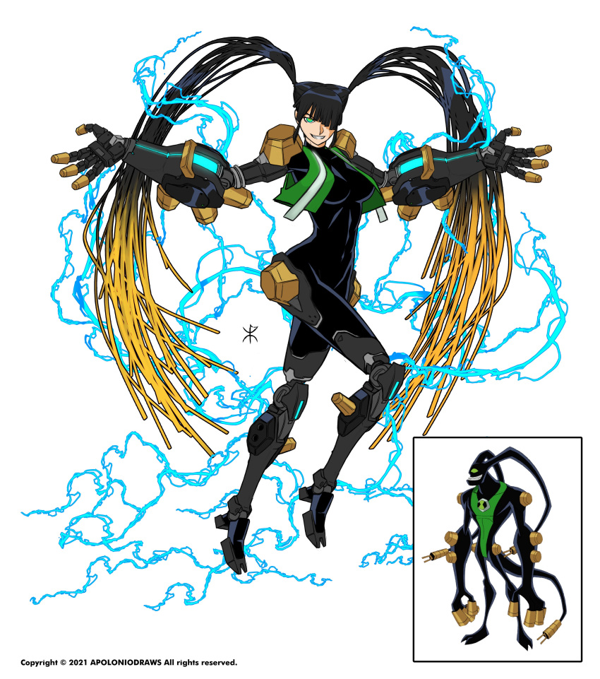 1girl absurdres alien amputee apoloniodraws artist_name ben_10 ben_10:_omniverse black_hair bolt breasts commentary commission electricity english_commentary english_text feedback_(ben_10) full_body genderswap green_eyes grin hair_over_one_eye highres jumpsuit long_hair looking_at_viewer omnitrix one_eye_covered pose reference_inset smile twintails very_long_hair wide_hips