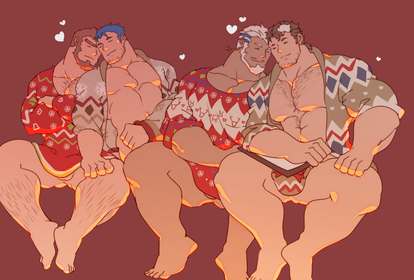 4boys absurdres aegir_(housamo) alternate_facial_hair aqua_hair bara bare_pectorals beard briefs brown_hair bulge chest_hair couple dark-skinned_male dark_skin facial_hair forehead-to-forehead full_body guoguo hand_on_another's_thigh heads_together heart highres jinn_(housamo) large_pectorals leaning_on_person leg_hair male_focus male_underwear mature_male mononobe_kyoma multicolored_hair multiple_boys muscular muscular_male naked_sweater no_nipples no_pants open_clothes open_shirt pectoral_cleavage pectorals print_male_underwear short_hair sideburns sitting sleeping sleeping_on_person smile snowflake_print stomach streaked_hair stubble sweater testicle_peek thick_thighs thighs tokyo_afterschool_summoners triton_(housamo) underwear unibrow white_hair winter_clothes yaoi