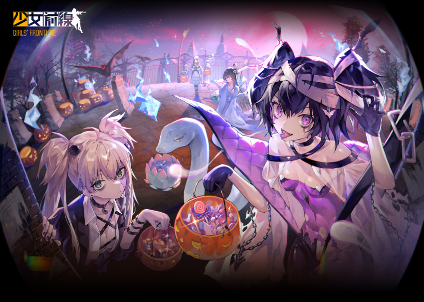 4girls aqua_eyes artist_request bandages bangs bat black_choker black_hair black_nails breasts bucket c-ms_(girls'_frontline) candy choker cleavage closed_mouth collarbone commentary_request copyright_name dress eyebrows_visible_through_hair food girls'_frontline gloves halloween halloween_bucket halloween_costume hand_up highres holding holding_bucket kac-pdw_(girls'_frontline) looking_at_viewer lwmmg_(girls'_frontline) lwmmg_(patchworker's_soliloquy)_(girls'_frontline) medium_breasts multiple_girls nail_polish official_alternate_costume official_art open_mouth platinum_blonde_hair purple_eyes purple_gloves small_breasts smile snake standing tongue tongue_out torn_clothes twintails type_95_(girls'_frontline) type_95_(white_lotus_in_limpid_waters)_(girls'_frontline) white_dress