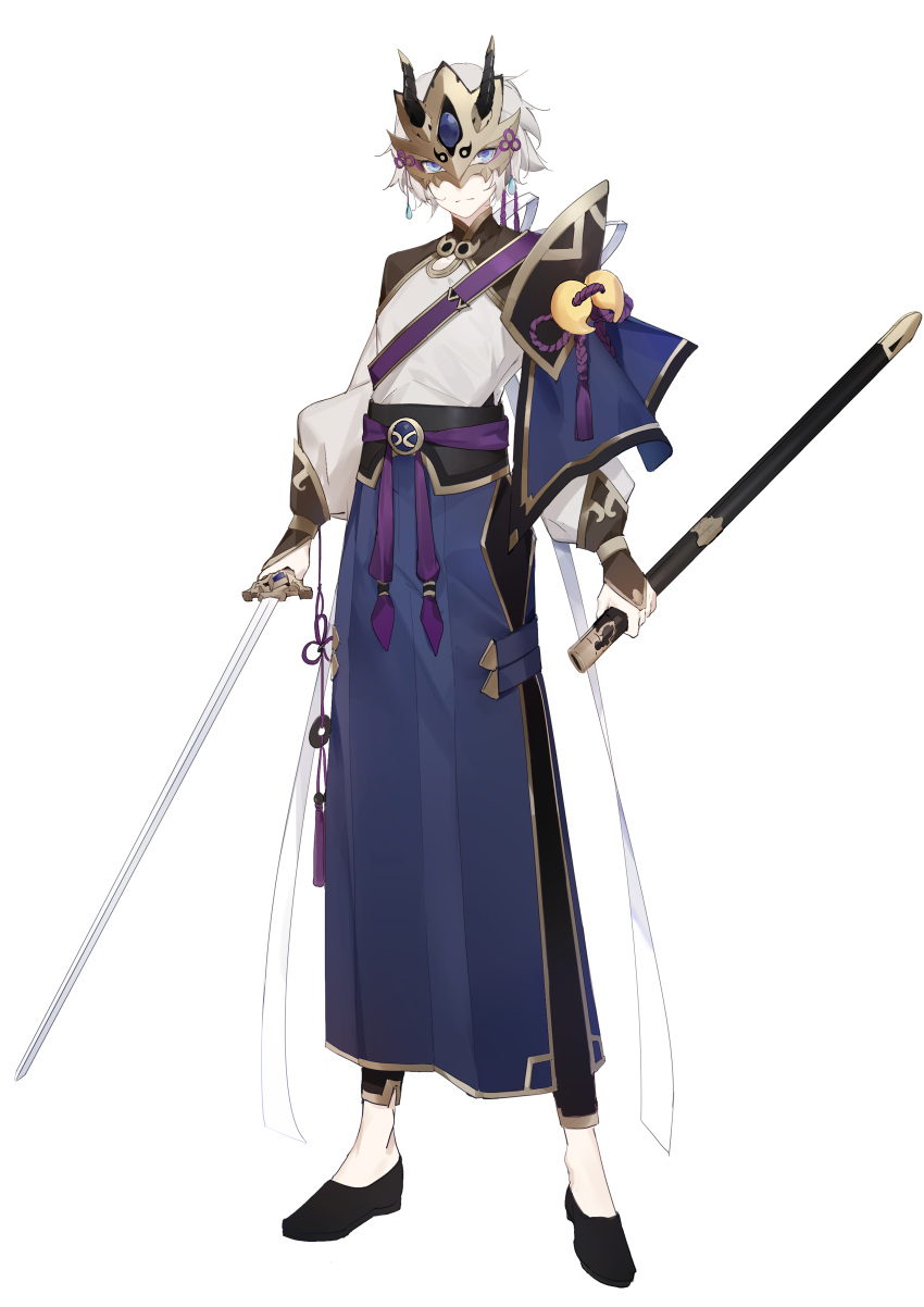 1boy absurdres black_pants blue_eyes fate/grand_order fate_(series) full_body gao_changgong_(fate) grey_hair highres holding holding_sword holding_weapon horned_mask long_sleeves looking_at_viewer luozhou_pile magatama male_focus mask pants sheath simple_background solo standing sword weapon white_background