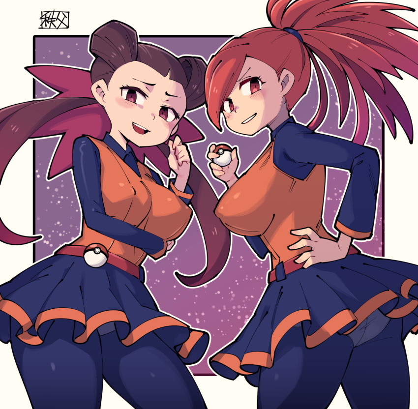 2girls ace_trainer_(pokemon) ace_trainer_(pokemon)_(cosplay) bangs belt blue_shirt blue_skirt blush blush_stickers brown_hair chichibu_(watson) collared_shirt commentary_request cosplay cowboy_shot eyelashes flannery_(pokemon) hair_ribbon hair_tie hand_on_hip highres holding holding_poke_ball long_hair long_sleeves looking_at_viewer multiple_girls open_mouth orange_vest panties panties_under_pantyhose pantyhose parted_lips pleated_skirt poke_ball poke_ball_(basic) pokemon pokemon_(game) pokemon_bw pokemon_oras red_belt red_eyes ribbon roxanne_(pokemon) shirt signature skirt smile teeth tied_hair tongue twintails underwear upper_teeth vest