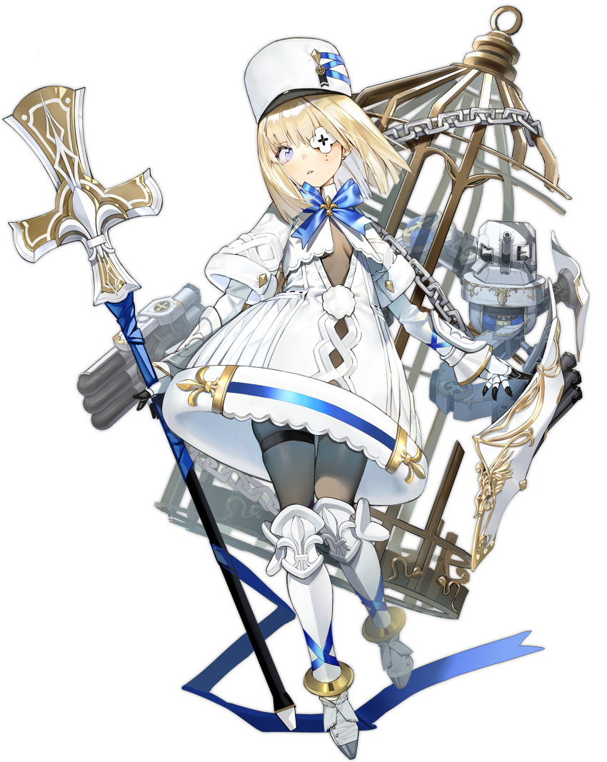 1girl azur_lane black_legwear blonde_hair bodystocking breasts dress eyepatch hat highres le_terrible_(azur_lane) looking_at_viewer official_art one_eye_covered pantyhose ribbon rigging short_hair small_breasts standing transparent_background turret weapon white_dress white_footwear white_headwear xiao_chichi