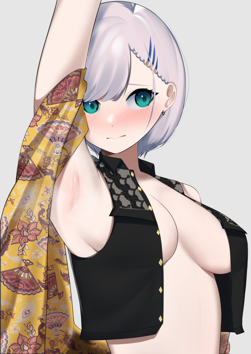 1girl absurdres arm_up armpits bangs black_vest blush braid braided_bangs breasts crop_top earrings feather_hair_ornament feathers green_eyes grey_background hair_behind_ear hair_ornament highres hololive hololive_indonesia jewelry large_breasts pavolia_reine rizu_pann shawl shirt short_hair silver_hair sleeveless sleeveless_shirt solo unbuttoned unbuttoned_shirt vest virtual_youtuber yellow_shawl