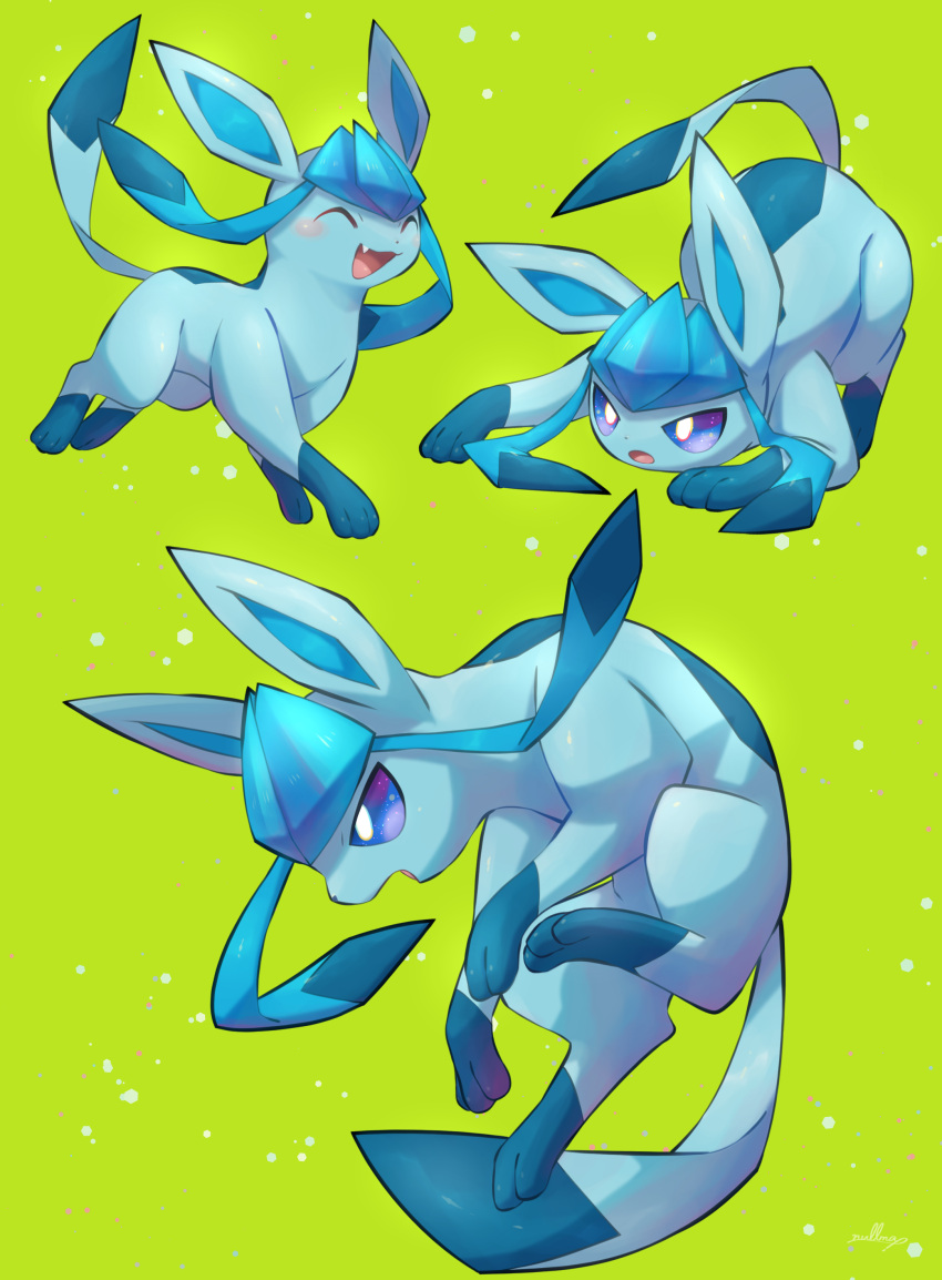 :d absurdres blue_eyes blush closed_eyes commentary fang glaceon green_background happy highres multiple_views no_humans nullma open_mouth pokemon pokemon_(creature) smile tongue