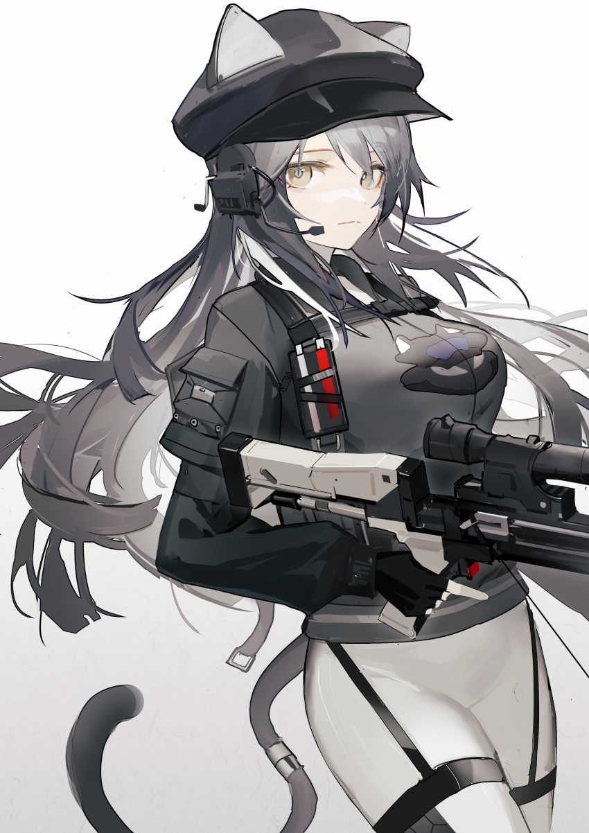1girl absurdres animal_ear_headwear arknights black_gloves cat_tail commentary crossbow fingerless_gloves gloves grey_hair headset highres jacket light_brown_eyes long_hair long_sleeves looking_at_viewer luozhou_pile official_alternate_costume pants schwarz_(arknights) schwarz_(skyline)_(arknights) simple_background solo tail weapon white_background white_pants