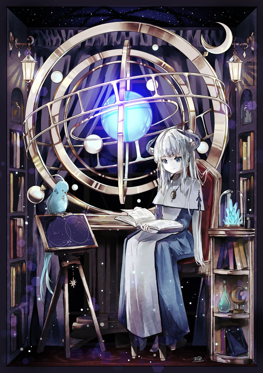 1girl absurdres armillary_sphere bird blue_dress blue_eyes book book_stack bookshelf capelet chair commentary crescent crystal demon_girl demon_horns dress glass_bottle gyroscope highres holding holding_book horns jar jewelry lantern long_dress long_hair long_sleeves necklace open_book original pale_skin pendant reading sanamisa signature silver_hair sitting smile solo star_(symbol) star_map symbol-only_commentary twintails very_long_hair white_capelet