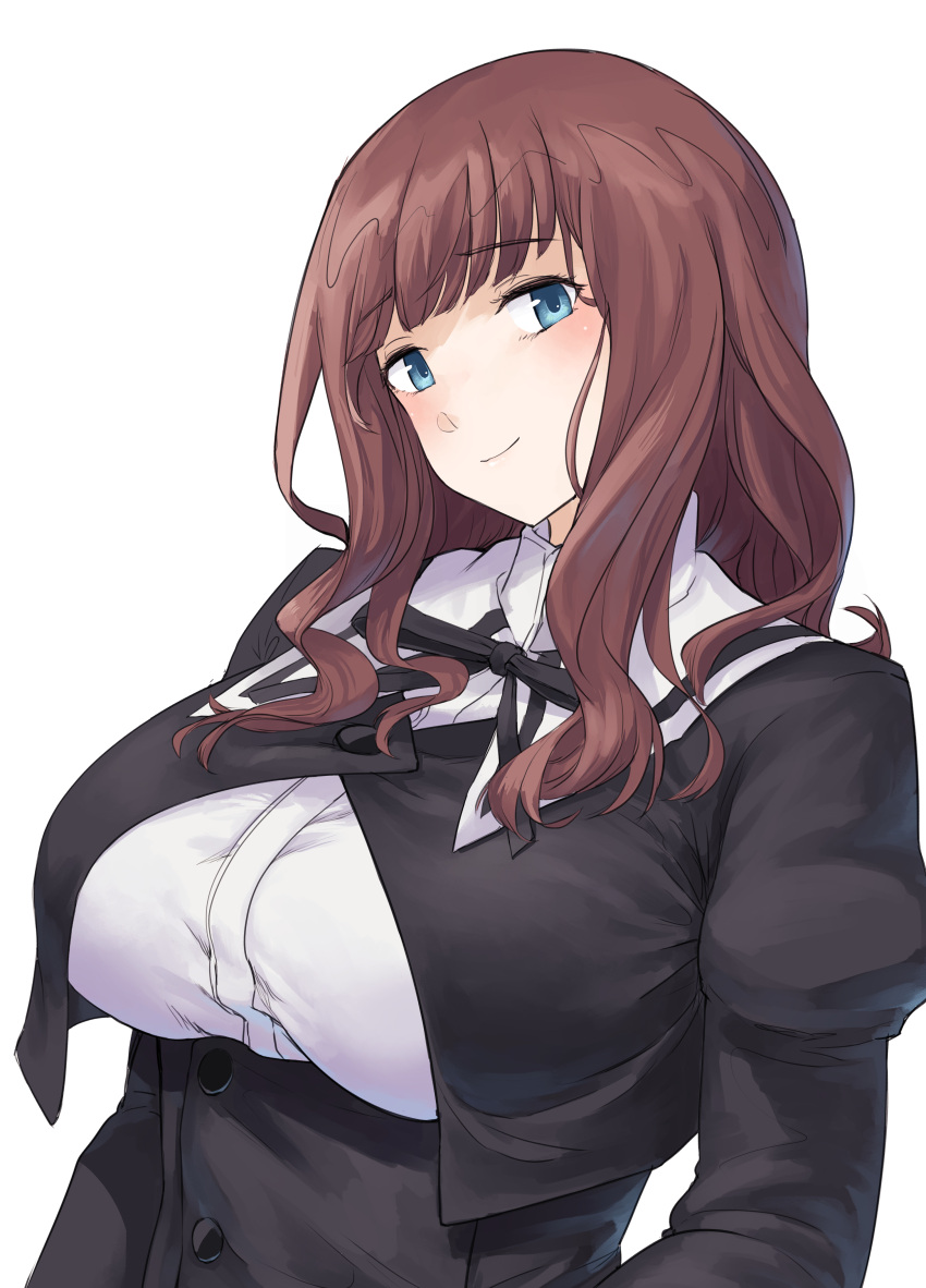 1girl absurdres assault_lily bangs black_ribbon black_skirt blue_eyes blunt_bangs blush breasts brown_hair buttons closed_mouth commentary_request cropped_jacket eyebrows_visible_through_hair head_tilt high-waist_skirt highres juliet_sleeves kaede_johan_nouvel large_breasts long_hair long_sleeves looking_at_viewer neck_ribbon pondo_(peng-model) puffy_sleeves ribbon school_uniform shirt sidelocks simple_background skirt smile solo upper_body wavy_hair white_background white_shirt yurigaoka_girls_academy_school_uniform