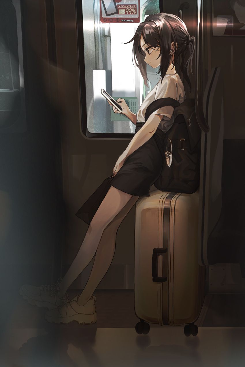 1girl absurdres amanai_daisy backpack bag belt black_bag black_belt black_hair black_skirt cellphone commentary_request earbuds earphones high-waist_skirt highres holding holding_bag holding_phone leaning_back looking_at_phone luggage medium_hair original phone ponytail profile shirt shoes short_ponytail short_sleeves skirt smartphone smile sneakers solo standing train_interior white_footwear white_shirt window wireless_earphones