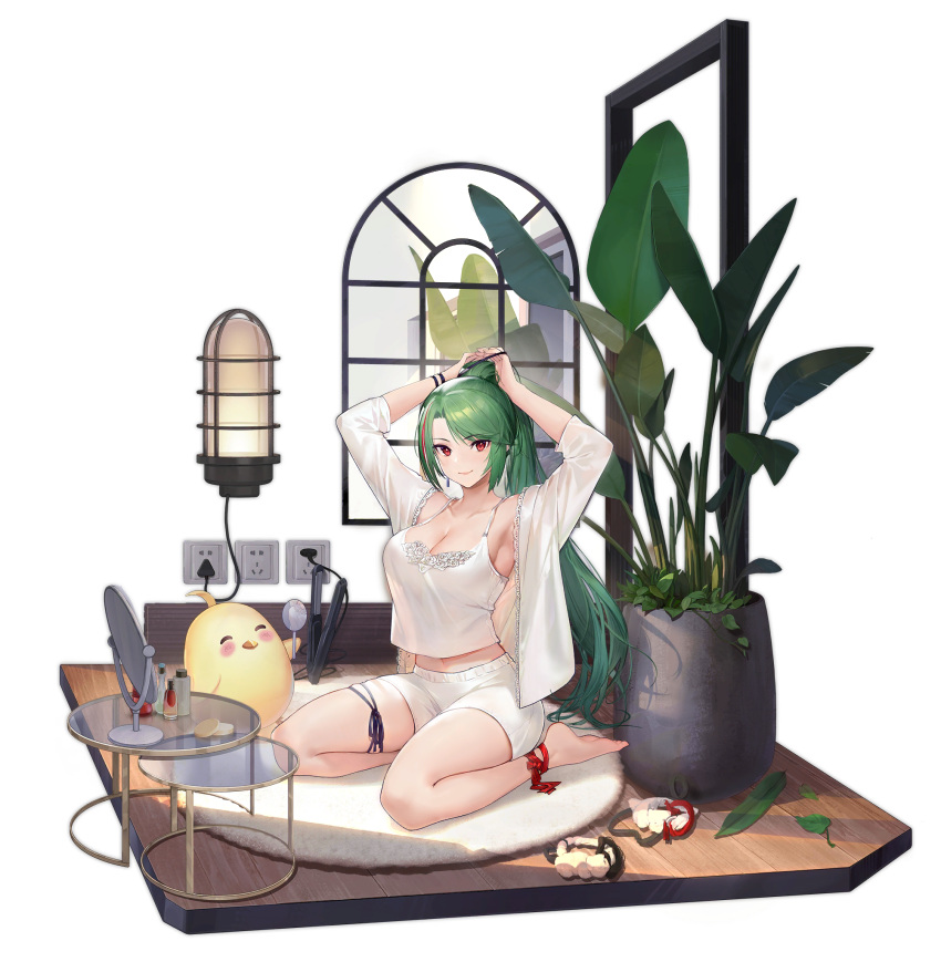 1girl ankle_ribbon armpits arms_up azur_lane blouse breasts cleavage eyebrows_visible_through_hair full_body green_hair highres indoors lace-trimmed_blouse lace_trim large_breasts littorio_(azur_lane) littorio_(lounging_emerald)_(azur_lane) long_hair looking_at_viewer manjuu_(azur_lane) medium_breasts midriff_peek mirror nagu official_alternate_costume official_art open_blouse open_clothes plant ponytail potted_plant red_eyes red_hair red_ribbon ribbon round_table see-through_shirt shirt shorts sleepwear solo tank_top transparent_background tying_hair white_blouse white_shirt white_shorts