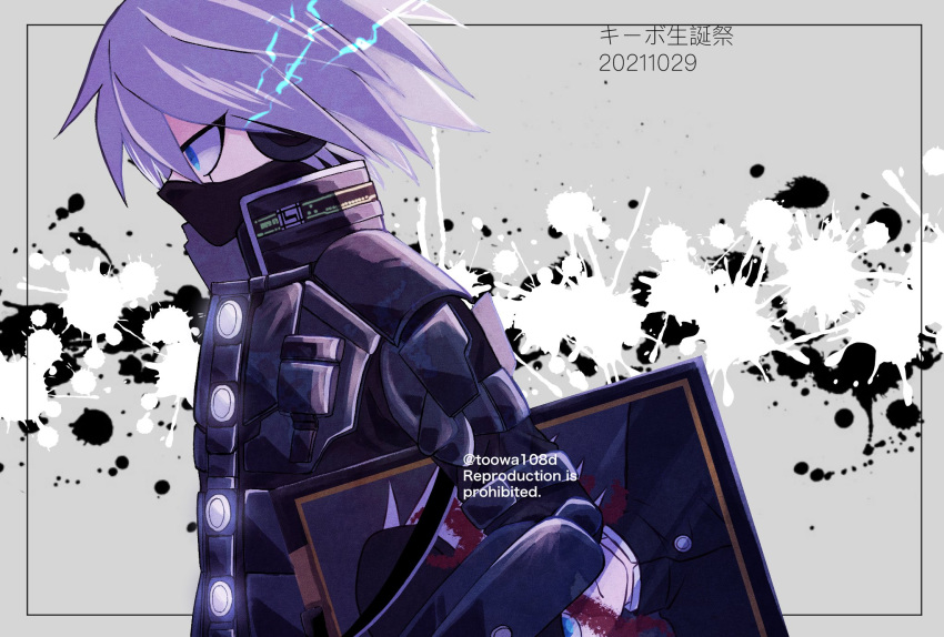 108_(toowa) 1boy ahoge android bangs black_background black_headwear black_mask blood blue_eyes danganronpa_(series) danganronpa_v3:_killing_harmony dated english_text from_side grey_background grey_hair headphones highres holding iei keebo male_focus mask mouth_mask open_mouth paint_splatter power_armor profile short_hair solo translation_request upper_body white_background