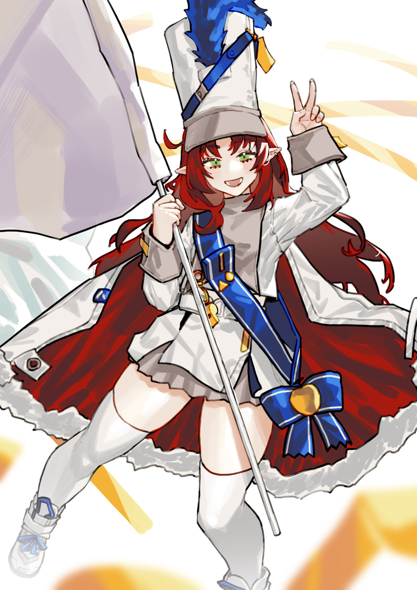 1girl absurdres arknights belt blue_sash blurry blurry_foreground cape commentary_request ear_piercing flag green_eyes grey_skirt hand_up hat highres holding holding_flag jacket long_hair long_sleeves looking_at_viewer myrtle_(arknights) myrtle_(light_gold_celebration)_(arknights) official_alternate_costume open_mouth piercing pointy_ears red_cape red_hair renxzd sash shako_cap skirt smile solo thighhighs two-sided_cape two-sided_fabric v white_background white_cape white_flag white_footwear white_headwear white_jacket white_legwear