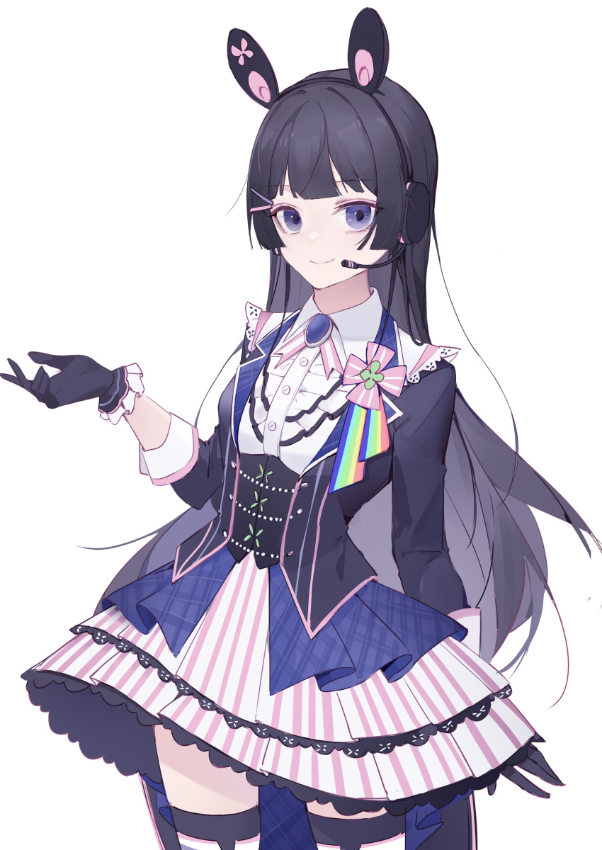 1girl absurdres black_gloves black_hair brooch cowboy_shot frilled_gloves frills gloves hair_ornament hairclip headset highres jewelry long_hair long_sleeves looking_at_viewer luozhou_pile nijisanji purple_eyes simple_background smile solo thighhighs tsukino_mito virtual_youtuber white_background