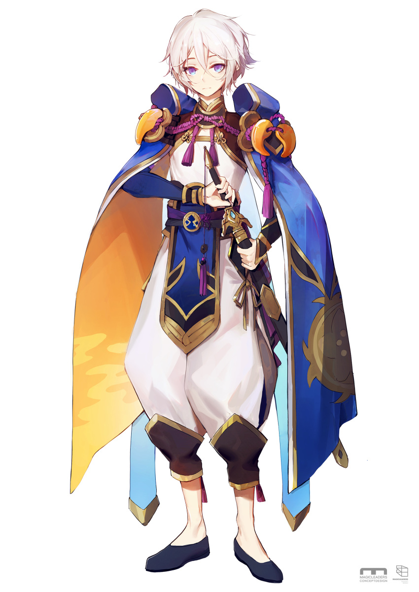 1boy absurdres blue_eyes fate/grand_order fate_(series) full_body gao_changgong_(fate) highres long_sleeves looking_at_viewer luozhou_pile magatama male_focus pants pelvic_curtain puffy_pants sheath sheathed simple_background solo standing sword weapon white_background white_hair white_pants
