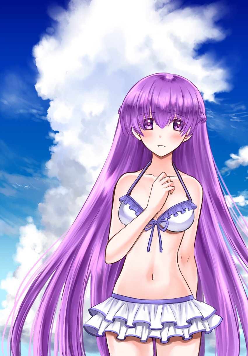 1girl 74 absurdly_long_hair alternate_costume bare_shoulders bikini blush breasts cleavage cloud cloudy_sky collarbone commission day eyebrows_visible_through_hair fire_emblem fire_emblem:_the_binding_blade frilled_bikini frilled_swimsuit frills front-tie_top grin highres long_hair looking_at_viewer medium_breasts navel purple_eyes purple_hair sky smile solo sophia_(fire_emblem) swimsuit very_long_hair white_bikini white_swimsuit