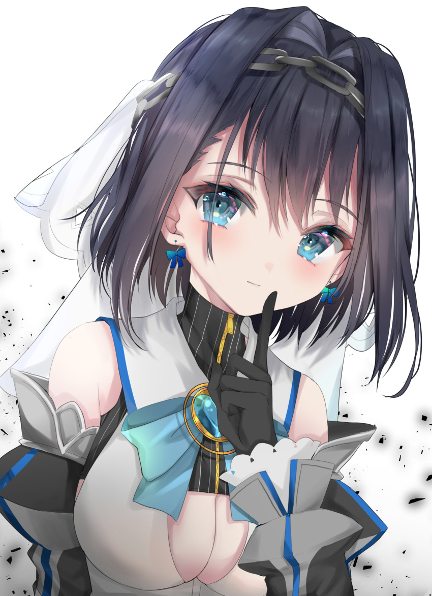 1girl absurdres bare_shoulders black_gloves black_shirt blue_bow blue_bowtie blue_eyes blush bow bowtie breasts chain cleavage cleavage_cutout clothing_cutout detached_sleeves finger_to_mouth gloves hair_intakes headband heart-shaped_gem high_collar highres hololive hololive_english index_finger_raised juliet_sleeves large_breasts long_sleeves looking_at_viewer moemoepiano ouro_kronii pinstripe_pattern pinstripe_shirt pointing pointing_up puffy_sleeves shirt short_hair shushing simple_background sleeveless sleeveless_shirt smile striped turtleneck upper_body veil virtual_youtuber white_background zipper zipper_top