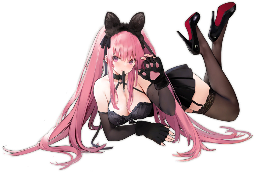 1girl animal_ears animal_hands azur_lane bare_shoulders black_choker black_dress black_footwear black_garter_straps breasts cat_ears choker cleavage detached_sleeves dress fake_animal_ears fingerless_gloves full_body garter_straps gloves high_heels la_galissonniere_(azur_lane) la_galissonniere_(black_cat_of_all_hallows'_eve)_(azur_lane) lace-trimmed_legwear lace_trim large_breasts long_hair lying microdress mouth_hold official_alternate_costume official_art on_side paw_gloves pink_eyes pink_hair shoes solo stiletto_heels suisai thighhighs transparent_background twintails very_long_hair zettai_ryouiki