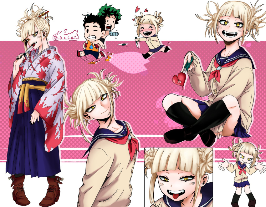 1girl artist_self-insert ascot bags_under_eyes bangs blonde_hair blood blood_on_knife blue_skirt blunt_bangs blush boku_no_hero_academia boots breasts chasing chibi commentary_request dashi double_bun fangs fleeing hair_ornament hairpin heart highres holding holding_knife holding_weapon indian_style jacket japanese_clothes kimono knife licking licking_knife long_skirt looking_at_viewer medium_breasts medium_hair messy_hair midoriya_izuku miniskirt multiple_views nose_blush open_mouth pleated_skirt red_ascot sailor_collar sash sidelocks sitting skirt smile stabbed_heart standing tied_hair toga_himiko tongue tongue_out twitter_username weapon yellow_eyes