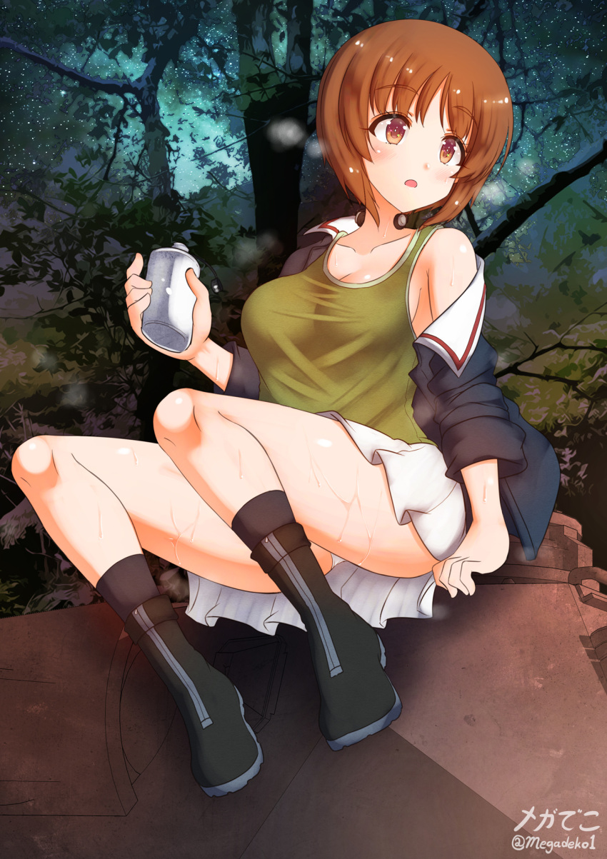1girl aquaegg artist_name bangs black_footwear black_legwear blue_jacket boots bottle breasts brown_eyes brown_hair commentary eyebrows_visible_through_hair girls_und_panzer green_shirt ground_vehicle highres holding holding_bottle jacket long_sleeves looking_to_the_side medium_breasts military military_uniform military_vehicle miniskirt motor_vehicle night night_sky nishizumi_miho off_shoulder on_vehicle ooarai_military_uniform open_clothes open_jacket open_mouth outdoors panties pantyshot panzerkampfwagen_iv pleated_skirt shirt short_hair signature sitting skirt sky socks solo star_(sky) starry_sky sweat tank throat_microphone tree twitter_username underwear uniform water_bottle wet white_panties white_skirt zipper