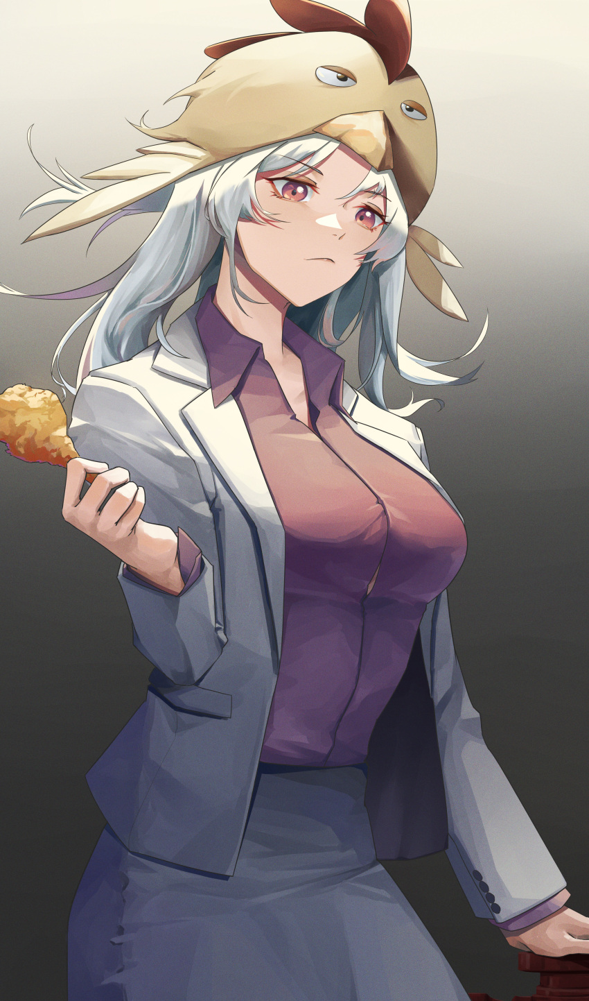 1girl absurdres bird breasts chicken chicken_hat collared_shirt cy9 food highres holding holding_food large_breasts long_hair office_lady original pencil_skirt pink_eyes shirt simple_background skirt solo standing white_hair