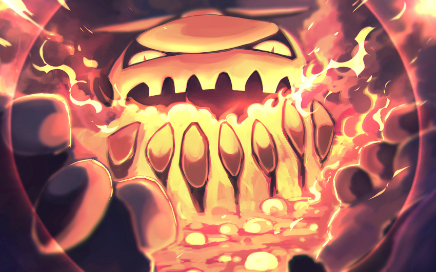 blurry breathing_fire commentary_request fire heatran highres looking_at_viewer molten_rock no_humans open_mouth pokemon pokemon_(creature) solo steam teeth yellow_eyes yottur