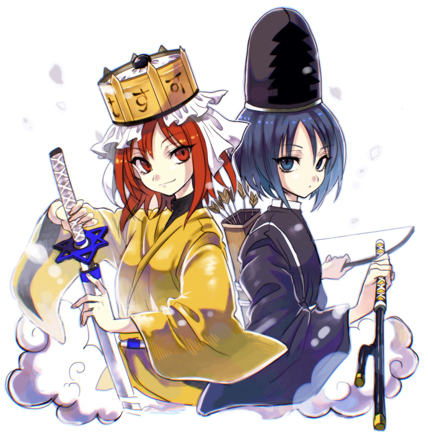 2others androgynous arrow_(projectile) blue_eyes blue_hair bow_(weapon) crown frilled_hat frills hat highres holding holding_sword holding_weapon japanese_clothes kariginu kashiwagi_kaoru len'en multiple_others ooya_kunimitsu red_eyes red_hair short_hair smile sword tate_eboshi turtleneck vest weapon