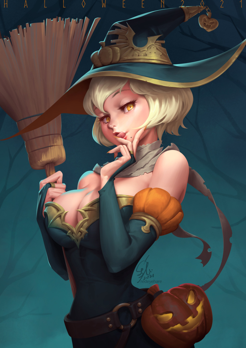 1girl black_light blonde_hair breasts bridal_gauntlets broom cleavage commentary_request detached_collar dress elbow_gloves from_side gloves halloween hat highres jack-o'-lantern licking_lips lips looking_at_viewer medium_breasts mole mole_under_mouth original short_hair solo strapless strapless_dress tongue tongue_out witch witch_hat yellow_eyes