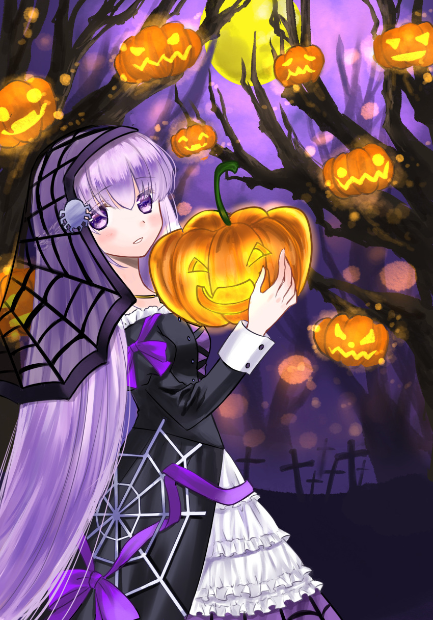 1girl 74 absurdly_long_hair alternate_costume black_dress bright_pupils bug commission dress fire_emblem fire_emblem:_the_binding_blade fire_emblem_heroes food halloween halloween_costume happy_halloween highres holding holding_food holding_pumpkin holding_vegetable jack-o'-lantern lolita_fashion long_hair long_sleeves looking_at_viewer official_alternate_costume pumpkin purple_eyes purple_hair smile sophia_(fire_emblem) spider vegetable veil very_long_hair