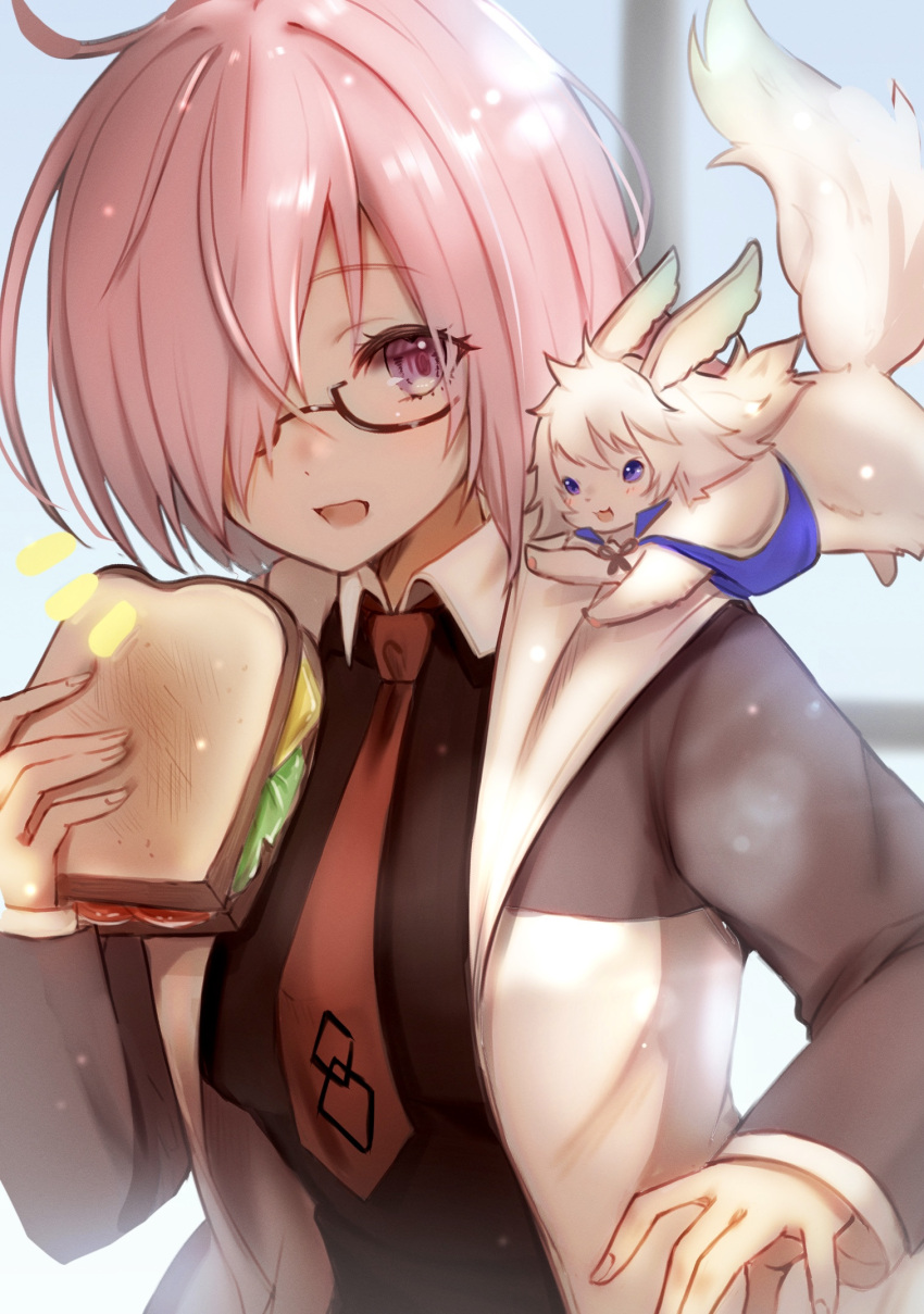 1girl :d black-framed_eyewear black_shirt fate/grand_order fate_(series) food fou_(fate) glasses hair_over_one_eye highres holding holding_food jacket long_sleeves looking_at_viewer mash_kyrielight necktie one_eye_covered open_clothes open_jacket pink_hair purple_eyes red_necktie sandwich shiny shiny_hair shirt short_hair skoll_world smile solo upper_body wing_collar