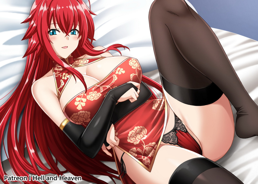 1girl ahoge artist_name bare_shoulders blue_eyes breasts bridal_gauntlets china_dress chinese_clothes cleavage dress english_commentary eyebrows_visible_through_hair hair_between_eyes hellandheaven high_school_dxd large_breasts leg_up long_hair looking_at_viewer lying on_back on_bed open_mouth panties patreon_username pillow red_hair rias_gremory short_dress sleeveless solo thighhighs tongue underwear watermark
