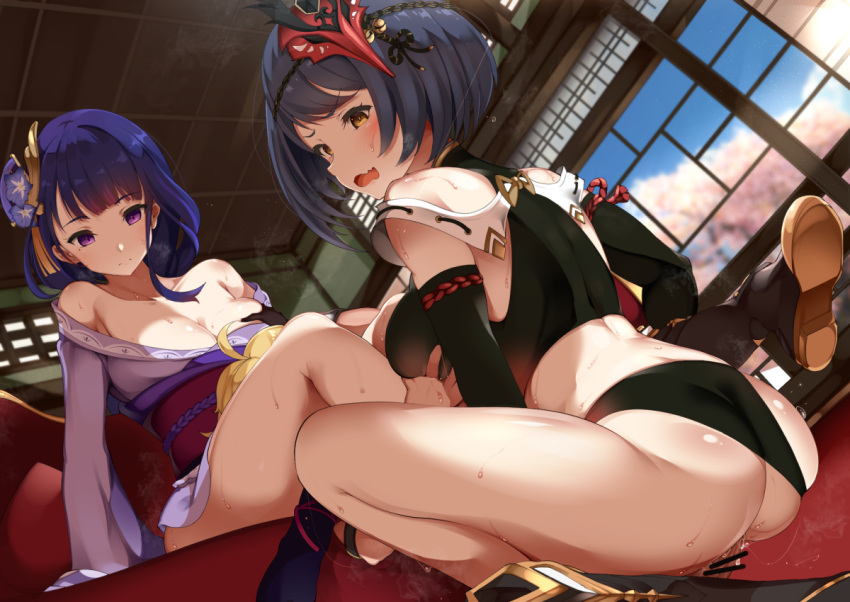 1boy 2girls aether_(genshin_impact) ass bar_censor bare_shoulders black_hair black_panties blonde_hair blush breast_grab breasts censored cleavage ffm_threesome genshin_impact grabbing group_sex hetero indoors japanese_clothes kimono kujou_sara large_breasts long_hair mask mask_on_head multiple_girls off_shoulder panties parted_lips penis purple_eyes purple_hair purple_kimono raiden_shogun sex short_hair takashia_(akimototakashia) thighs threesome underwear yellow_eyes