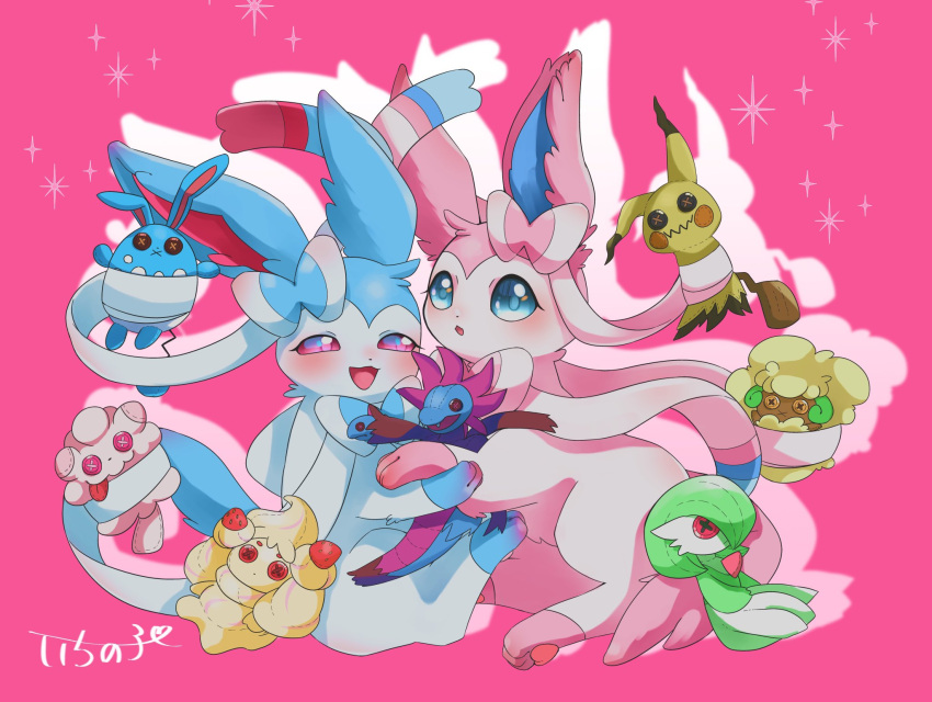 :d alcremie alternate_color azumarill blue_eyes blush character_doll commentary_request doll gardevoir half-closed_eyes highres holding holding_doll hydreigon ichino_524 mimikyu open_mouth pink_background pokemon pokemon_(creature) shiny_pokemon smile sparkle swirlix sylveon tongue whimsicott