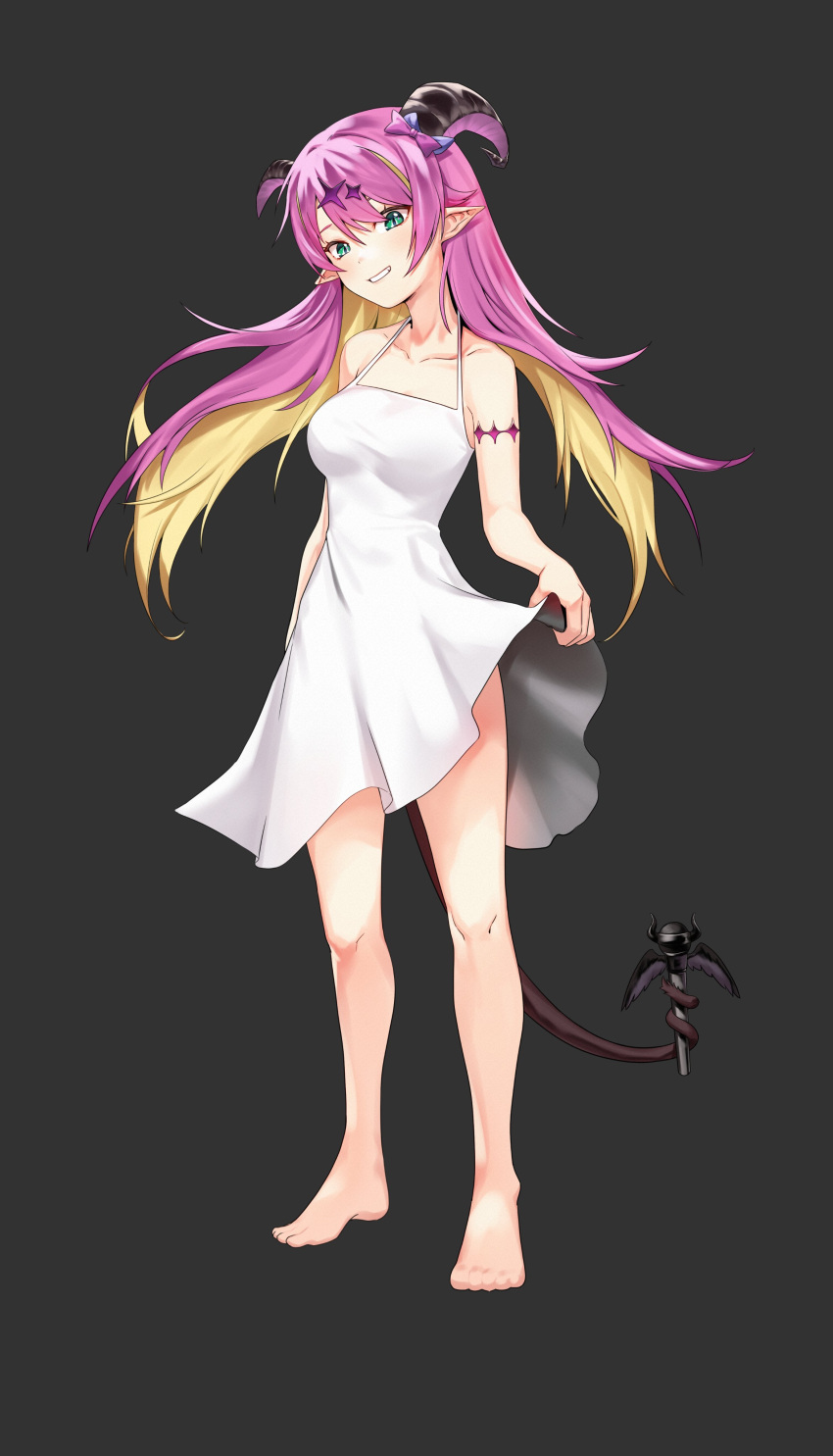 1girl absurdres arm_strap artpatient asymmetrical_horns bangs bare_shoulders barefoot blonde_hair bow breasts collarbone demon_girl demon_horns demon_tail dress full_body green_eyes highres holding holding_microphone holding_with_tail hololive horn_bow horn_ornament horns long_hair looking_at_viewer mano_aloe microphone multicolored_hair pink_bow pink_hair pointy_ears prehensile_tail solo symbol-only_commentary tail teeth two-tone_hair virtual_youtuber white_dress