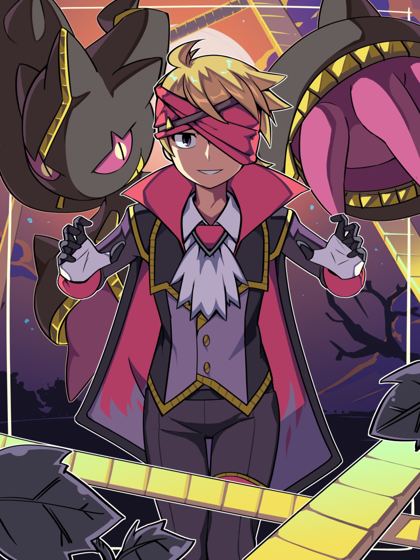 1boy banette bangs blonde_hair buttons cape collared_shirt commentary_request framed gloves halloween hands_up highres kiwi_of_ruin leaf long_sleeves looking_at_viewer male_focus mega_banette mega_pokemon morty_(pokemon) official_alternate_costume pants parted_lips pokemon pokemon_(creature) pokemon_(game) pokemon_masters_ex shirt short_hair smile white_shirt zipper zipper_pull_tab