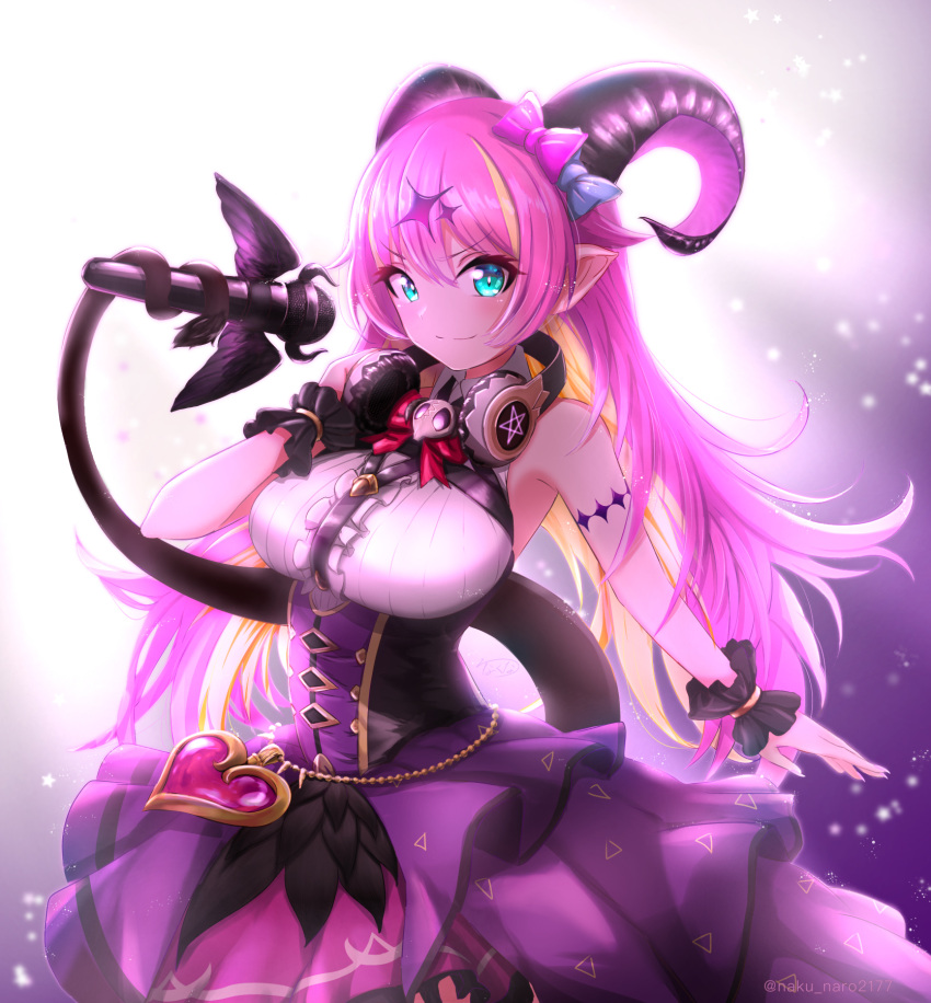 1girl arm_strap asymmetrical_horns bangs bare_shoulders blonde_hair bow bowtie breasts chest_harness commentary_request demon_girl demon_horns demon_tail eyebrows_visible_through_hair green_eyes grin hair_ornament harness headphones headphones_around_neck heart highres holding holding_microphone holding_with_tail hololive horn_bow horn_ornament horns long_hair looking_at_viewer mano_aloe microphone multicolored_hair nakunaro pink_bow pink_bowtie pink_hair pointy_ears prehensile_tail shirt skirt sleeveless sleeveless_shirt smile solo tail teeth two-tone_hair virtual_youtuber white_shirt wrist_cuffs