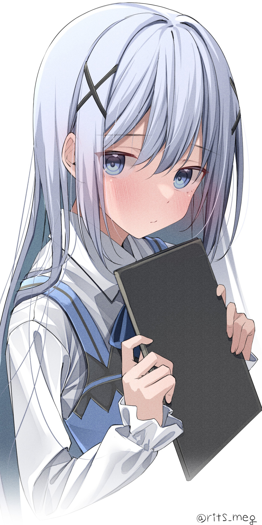 1girl absurdres blue_eyes blue_hair blue_vest blush closed_mouth collared_shirt eyebrows_visible_through_hair gochuumon_wa_usagi_desu_ka? hair_between_eyes hair_ornament highres holding kafuu_chino kawai_ritsu_(rits_meg) long_hair long_sleeves rabbit_house_uniform shirt simple_background solo twitter_username upper_body vest white_background white_shirt x_hair_ornament