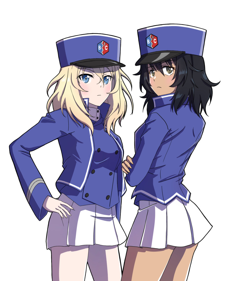 2girls andou_(girls_und_panzer) bangs bc_freedom_(emblem) bc_freedom_military_uniform black_eyes black_hair blonde_hair blue_eyes blue_headwear blue_jacket blue_vest closed_mouth commentary cowboy_shot crossed_arms dark-skinned_female dark_skin dress_shirt emblem frown girls_und_panzer hachiko_(kota091986) hand_on_hip hat high_collar highres jacket kepi long_sleeves looking_at_viewer looking_back medium_hair messy_hair military military_hat military_uniform miniskirt multiple_girls oshida_(girls_und_panzer) pleated_skirt shirt simple_background skirt standing uniform vest white_background white_shirt white_skirt
