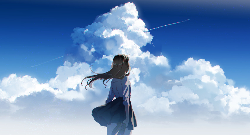 1girl artist_name black_skirt blue_sky brown_hair commentary_request condensation_trail day from_behind hanako151 highres holding holding_shoes long_hair original outdoors pleated_skirt scenery shirt shirt_tucked_in shoes shoes_removed signature skirt sky solo standing white_shirt wind