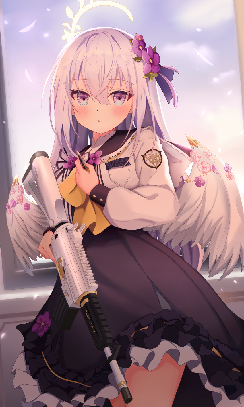 1girl absurdres arashiomoto assault_rifle azusa_(blue_archive) blue_archive blush commentary flower frilled_skirt frills gun hair_between_eyes hair_flower hair_ornament halo highres long_hair looking_at_viewer m4_carbine open_mouth purple_eyes rifle school_uniform silver_hair skirt sky solo weapon wings