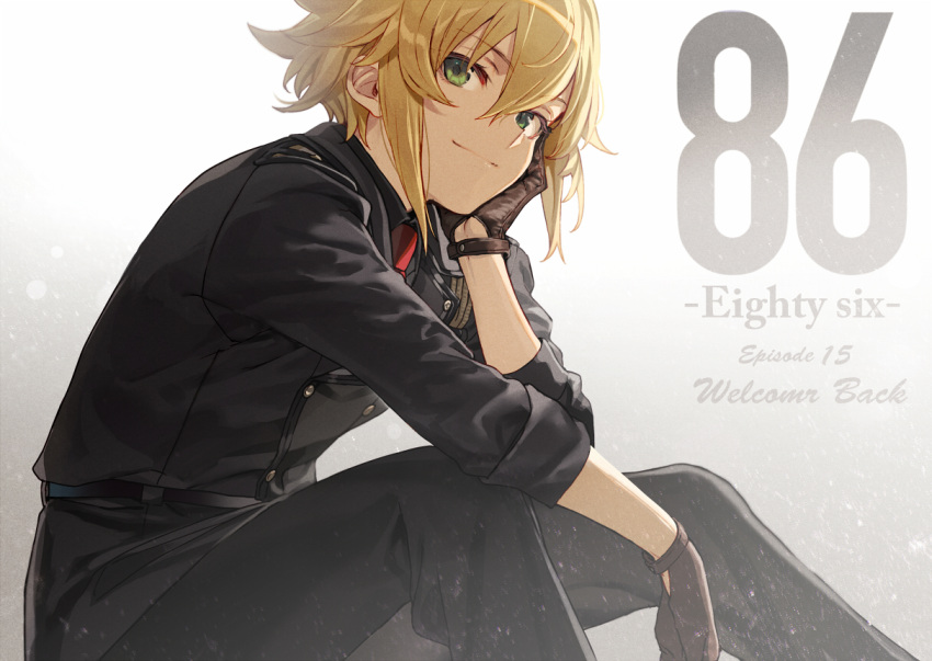 1boy 86_-eightysix- arm_support black_jacket black_pants blonde_hair brown_gloves buttons closed_mouth copyright_name double-breasted from_side gloves green_eyes hair_between_eyes head_rest jacket long_sleeves looking_at_viewer male_focus pants shirabi short_hair sidelocks sitting smile solo theoto_rikka