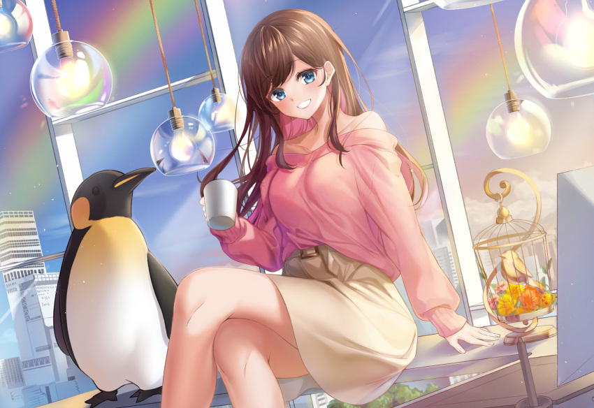 1girl animal bangs bare_shoulders bird blue_eyes breasts brown_hair brown_skirt commentary_request crossed_legs cup day eyebrows_visible_through_hair feet_out_of_frame flower grin highres holding holding_cup indoors long_hair long_sleeves looking_at_viewer medium_breasts mug multicolored_hair off-shoulder_shirt off_shoulder original penguin pink_hair pink_shirt puffy_long_sleeves puffy_sleeves rainbow red_flower rukinya_(nyanko_mogumogu) shirt sitting skirt sleeves_past_wrists smile solo two-tone_hair window yellow_flower