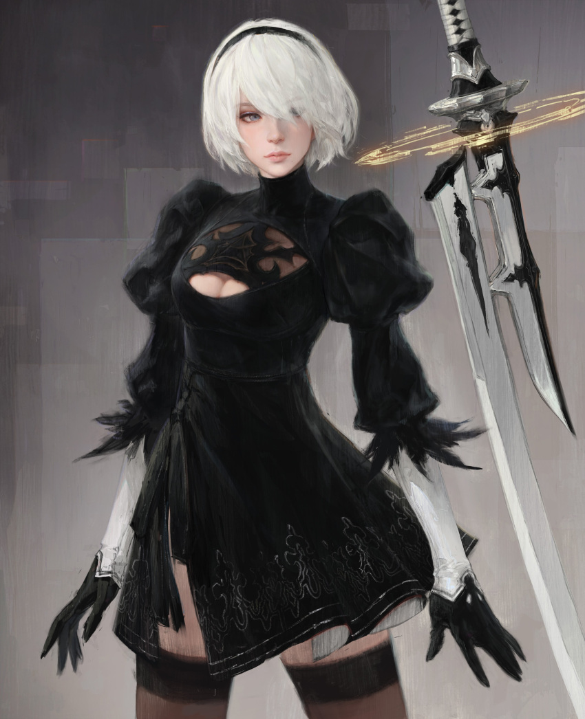 1girl absurdres black_dress black_hairband blue_eyes cleavage_cutout clothing_cutout dress eyelashes feather-trimmed_sleeves feather_trim floating floating_object floating_weapon gloves hairband highres juliet_sleeves katana lips long_sleeves mole mole_under_mouth nier_(series) nier_automata no_blindfold puffy_sleeves short_hair solo sword thighhighs vambraces virtuous_treaty wave_61 weapon white_hair yorha_no._2_type_b