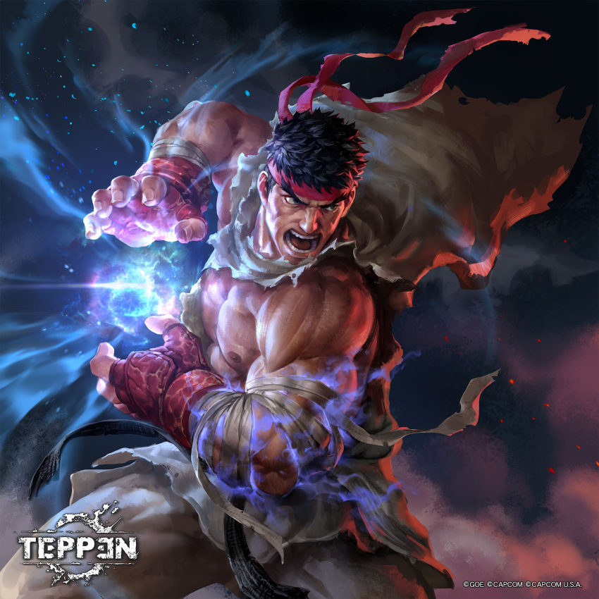 1boy abs baggy_pants bara bare_pectorals bare_shoulders biceps boxing_gloves dougi english_commentary eyebrows_visible_through_headband feet_out_of_frame fighting_stance fingerless_gloves forked_eyebrows frown gloves hadouken headband highres jeremy_chong large_pectorals looking_at_viewer male_focus mature_male muscular muscular_male nipples official_art open_mouth pants pectorals red_gloves ryu_(street_fighter) shirt short_hair solo street_fighter teppen thick_eyebrows thick_thighs thighs torn_clothes torn_pants torn_shirt white_pants wind