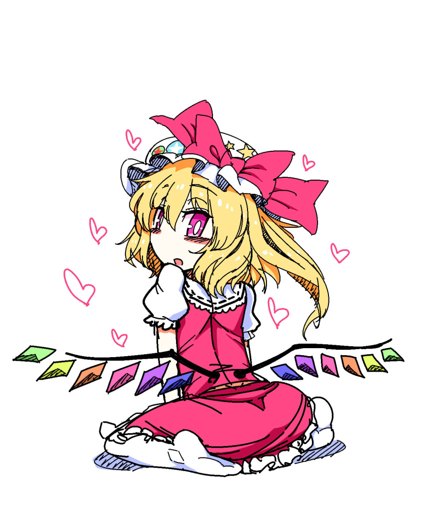 1girl blonde_hair bow bright_pupils flandre_scarlet from_behind hat hat_bow heart highres looking_at_viewer looking_back medium_hair parted_lips pink_bow pink_eyes pink_skirt pink_vest puffy_short_sleeves puffy_sleeves shirt short_sleeves side_ponytail simple_background sitting skirt solo touhou vest wariza white_background white_pupils white_shirt wings yassy