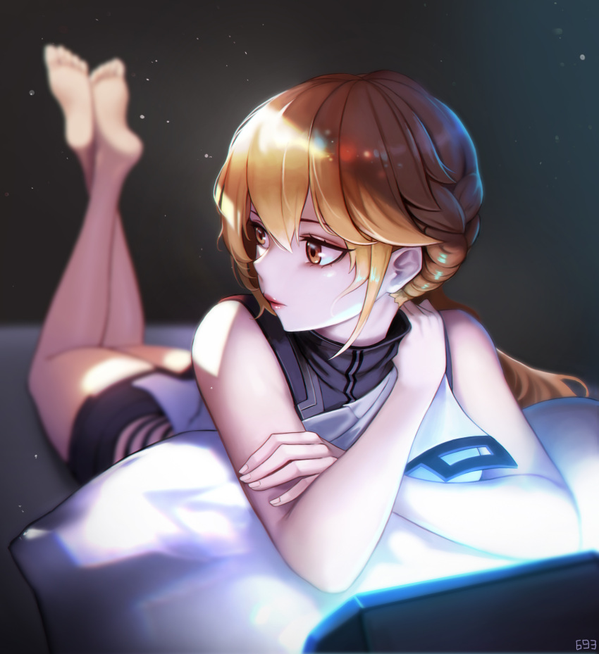 1girl absurdres bare_legs barefoot blonde_hair braid closed_mouth commentary_request eyebrows_visible_through_hair feet girls'_frontline girls'_frontline_2:_exilium highres korean_commentary legs legs_up lips long_hair looking_away looking_to_the_side lying on_stomach ots-14_(girls'_frontline) pillow red_lips simple_background soles solo ukoo_(kv7863) uniform yellow_eyes