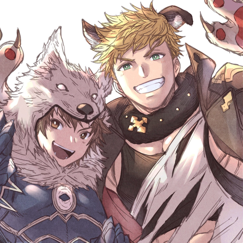 2boys animal_costume animal_hands armor bangs bara berserker_(granblue_fantasy) black_tank_top blonde_hair brown_eyes brown_hair cross-laced_clothes cross-laced_cutout fangs fangs_out fur_collar gloves gran_(granblue_fantasy) granblue_fantasy green_eyes highres jacket large_pectorals looking_at_viewer male_focus multiple_boys muscular muscular_male official_alternate_costume open_clothes open_jacket open_mouth paw_gloves paw_pose pectoral_cleavage pectorals pelt shirt short_hair sidepec smile tank_top teeth torn_clothes torn_shirt upper_body vane_(granblue_fantasy) white_background white_shirt wolf_boy wolf_costume wolf_hat wolf_pelt zanki