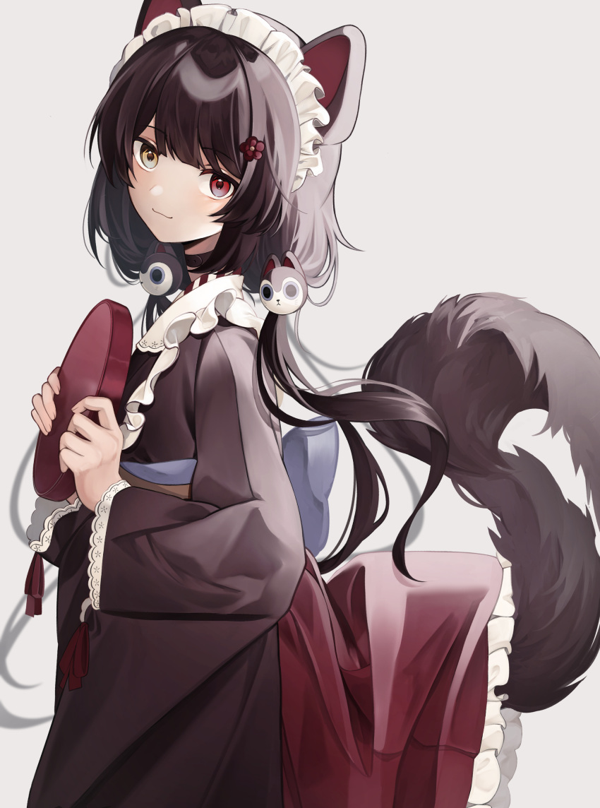 1girl absurdres amanai_daisy animal_ears bangs black_kimono blunt_bangs blush closed_mouth dog_ears dog_girl dog_tail eyebrows_visible_through_hair frilled_skirt frills from_side highres holding holding_tray inui_toko japanese_clothes kimono long_hair long_skirt long_sleeves looking_at_viewer looking_to_the_side low_twintails maid_headdress nijisanji red_eyes red_skirt simple_background skirt smile solo tail tray twintails virtual_youtuber wa_maid white_background wide_sleeves yellow_eyes
