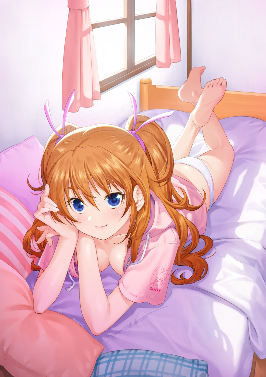 1girl absurdres barefoot blue_eyes breasts cleavage closed_mouth commentary_request curtains eyebrows_visible_through_hair hair_between_eyes hair_ribbon highres houjou_hibiki kazuma_muramasa long_hair looking_at_viewer lying medium_breasts on_stomach orange_hair pink_ribbon precure ribbon smile soles suite_precure under_covers window