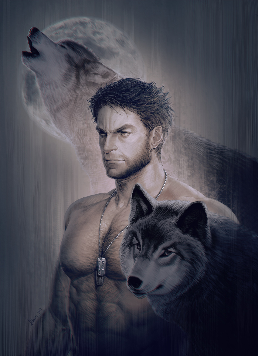 1boy abs bara bare_pectorals beard chest_hair dog_tags facial_hair full_moon hadanugi_dousa highres howling hugh_jackman large_pectorals looking_to_the_side male_focus marvel mature_male moon muscular muscular_male navel_hair nipples pectorals real_life realistic saolin_(wudangx) short_hair solo stomach upper_body wolf wolverine x-men