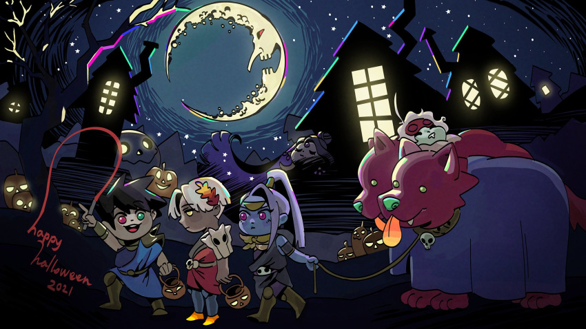 2021 2girls 3boys black_hair blue_hair blue_skin cerberus_(hades) chibi closed_eyes colored_skin commentary_request cosplay costume_switch crescent_moon dog greek_clothes green_eyes hades_(game) halloween happy_halloween heterochromia highres house hypnos_(hades) jack-o'-lantern joanne_tran laurel_crown megaera_(hades) megaera_(hades)_(cosplay) moon multiple_boys multiple_girls multiple_heads night night_sky nyx_(hades) official_art open_mouth pointing ponytail red_eyes skull sky sleeping smile star_(sky) starry_sky thanatos_(hades) thanatos_(hades)_(cosplay) whip white_hair yellow_eyes zagreus_(hades) zagreus_(hades)_(cosplay)